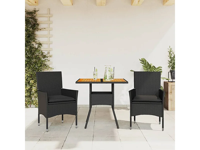 3 peças conjunto jantar jardim com almofadões vime PE/acácia preto