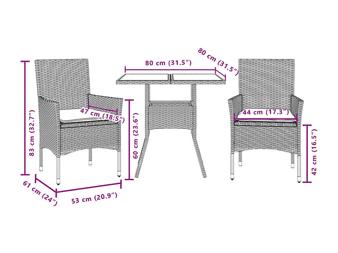 3 peças conjunto jantar jardim com almofadões vime PE/acácia preto