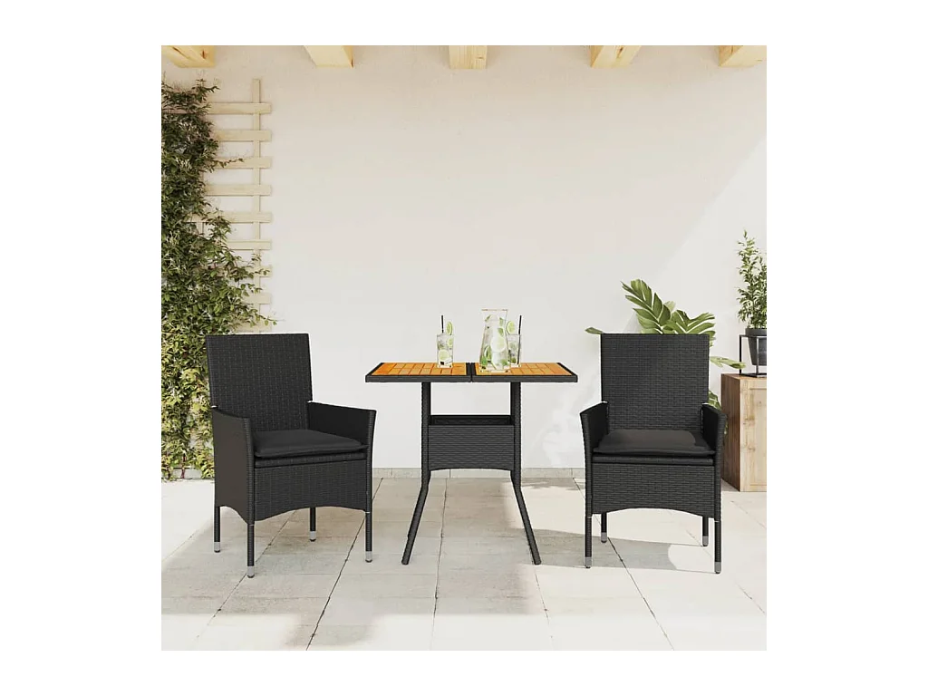 Ensemble à manger de jardin et coussins 3 pièces noir rotin acacia