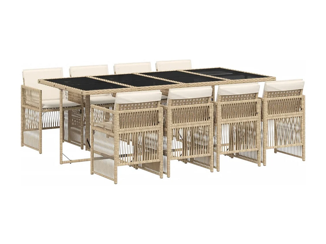 Ensemble à manger de jardin et coussins 9 pièces beige Poly rotin