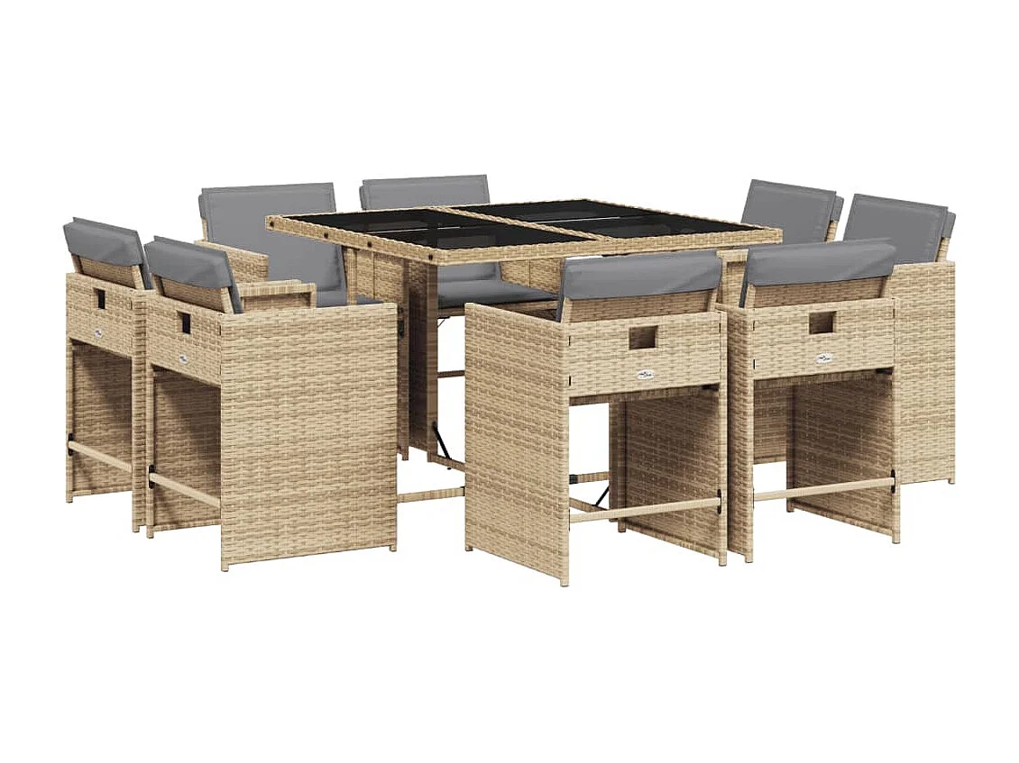 Set comedor de jardín 9 piezas con cojines ratán sintético beige