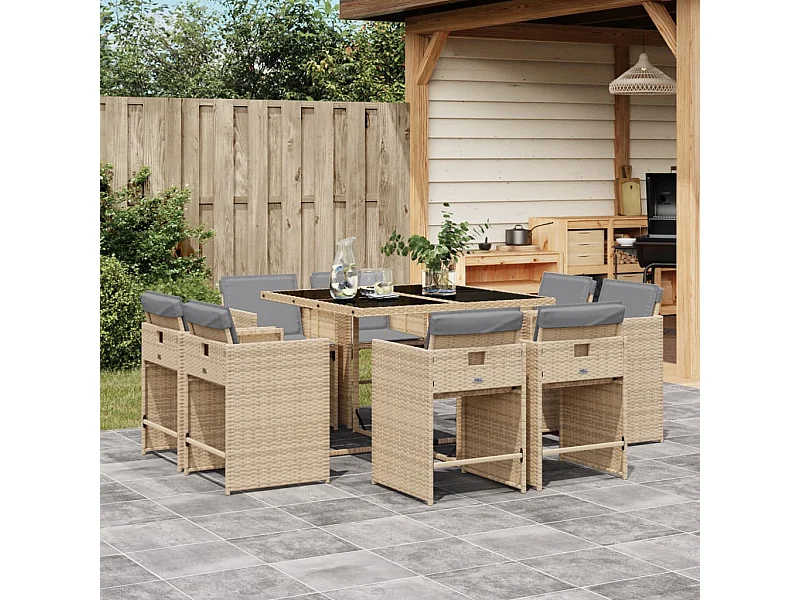 9-delige Tuinset met kussens poly rattan gemengd beige