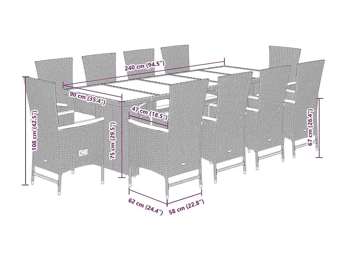 Set de comedor jardín 11 piezas con cojines ratán sintético negro