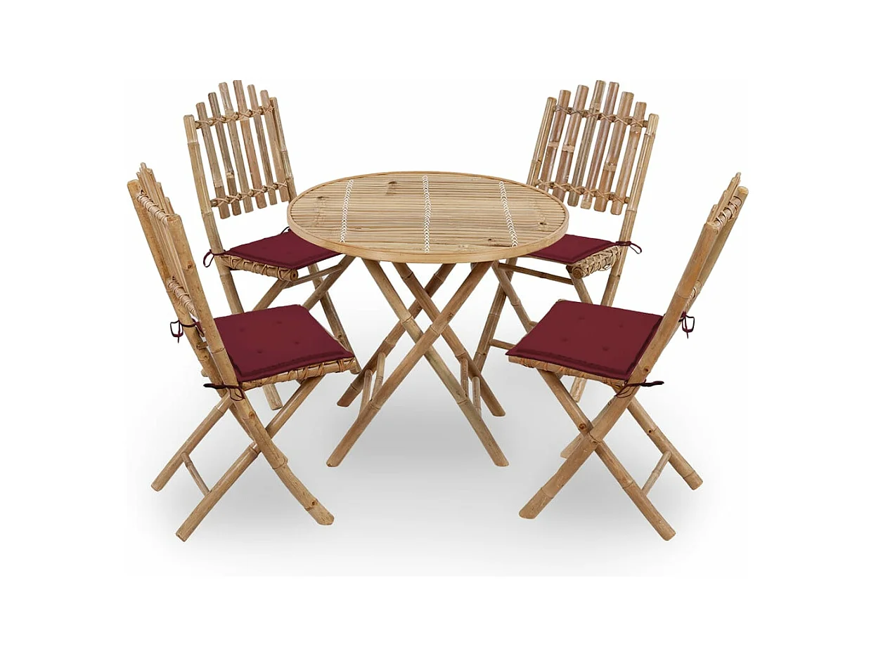 Mobilier à dîner d'extérieur pliable 5 pièces avec coussins Bambou