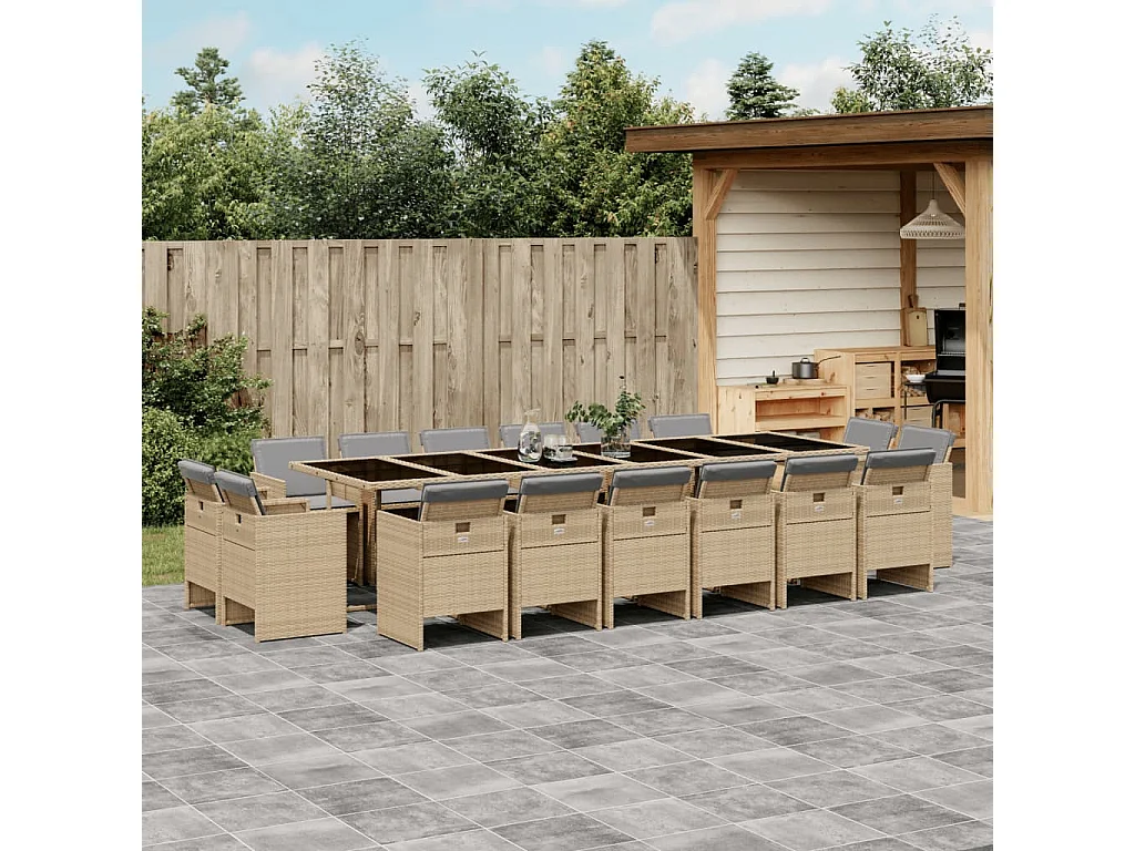 Ensemble à manger de jardin et coussins 17 pièces mélange beige