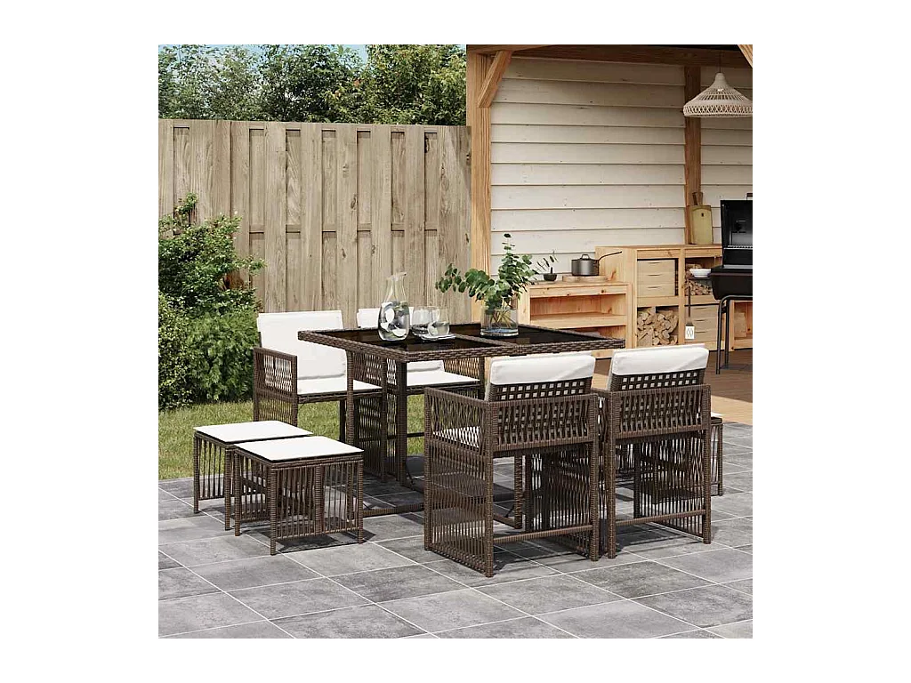 Ensemble à manger de jardin et coussins 9 pièces marron poly rotin