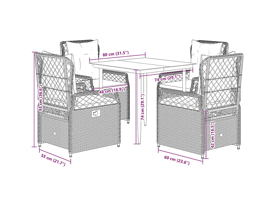 5 peças conjunto de jantar para jardim com almofadões vime PE cinza
