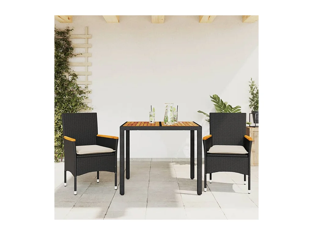 Ensemble à manger de jardin et coussins 3 pièces noir rotin acacia