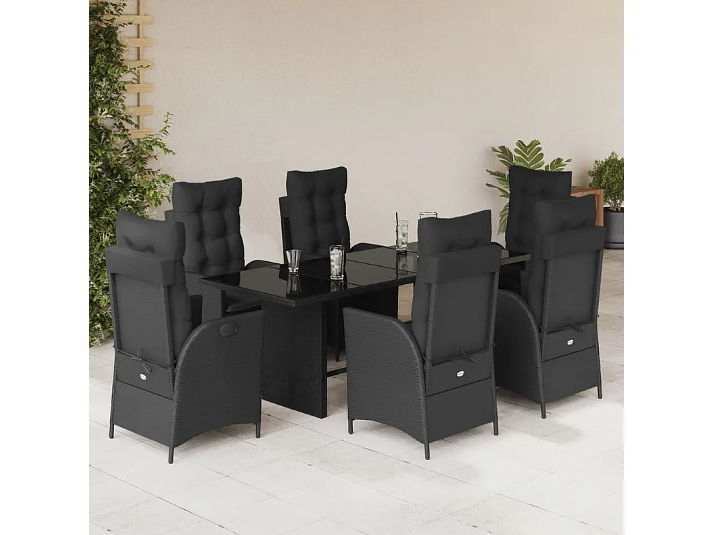 Ensemble à manger de jardin coussins 7 pièces Noir Résine tressée