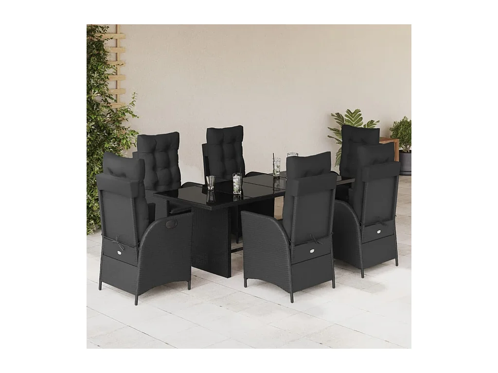 Set de comedor de jardín 7 piezas y cojines ratán sintético negro