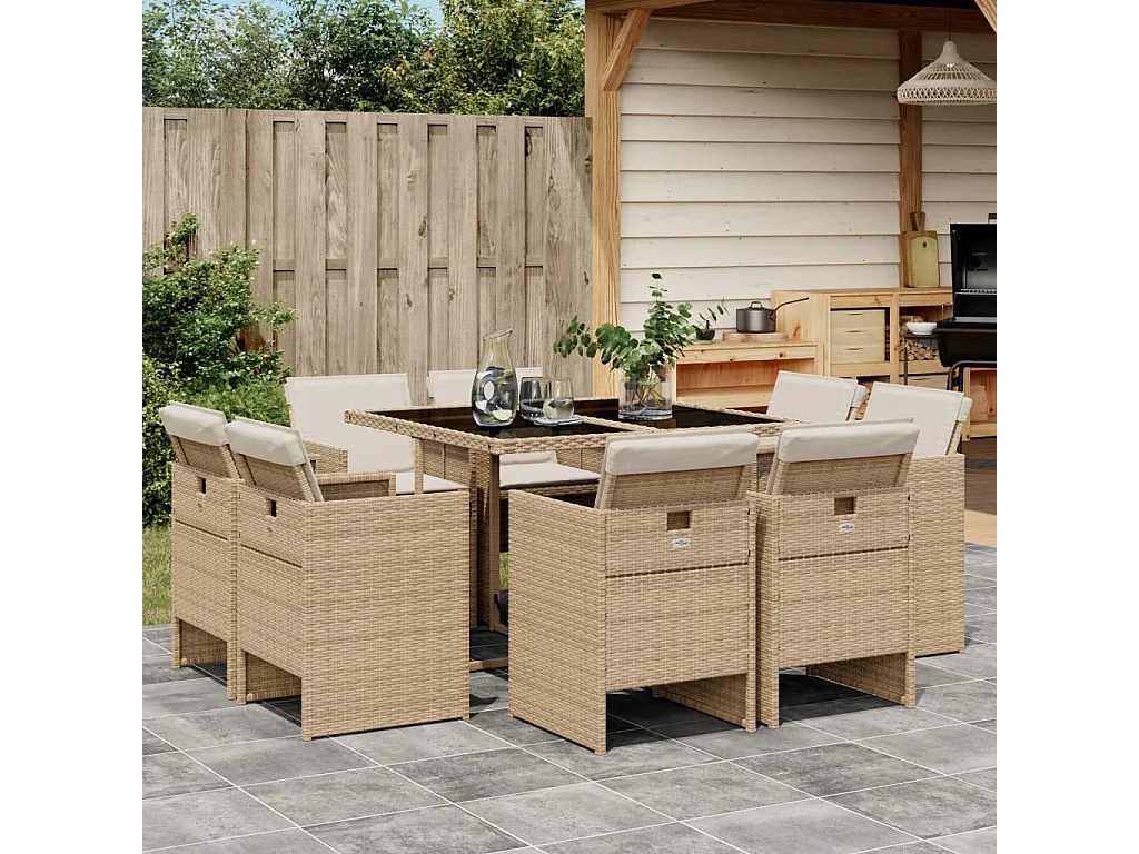 Ensemble à manger de jardin et coussins 9 pièces beige Poly rotin