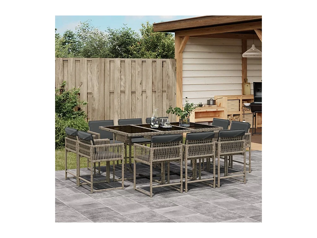 Ensemble à manger de jardin 11 pièces avec coussins gris poly rotin
