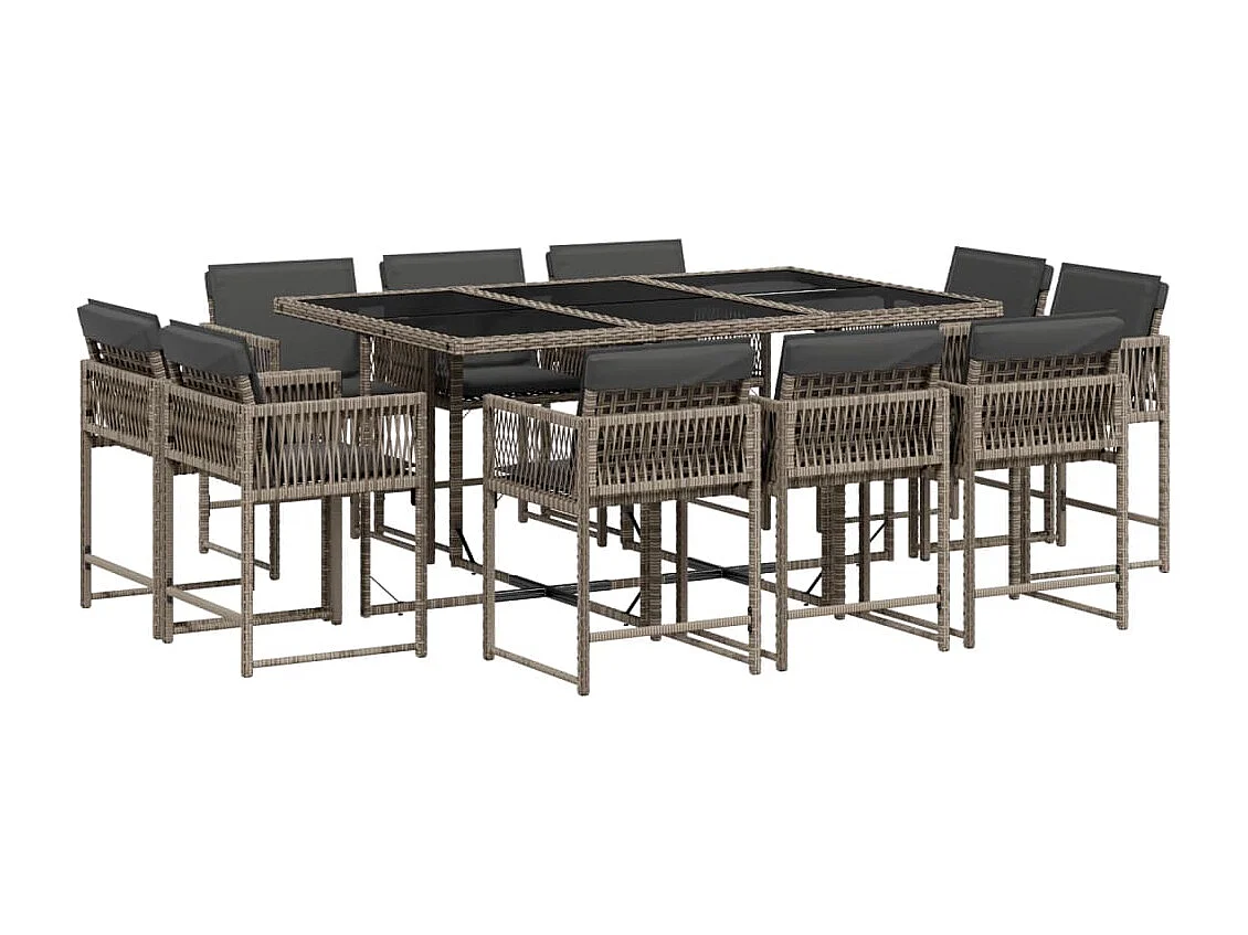 Set de comedor de jardín 11 piezas y cojines ratán sintético gris