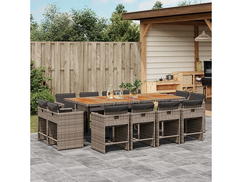 Set comedor de jardín con cojines 13 piezas ratán sintético gris