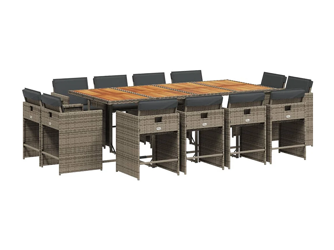Set comedor de jardín con cojines 13 piezas ratán sintético gris