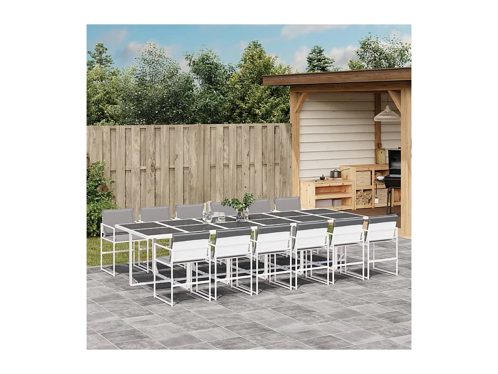 Ensemble à manger de jardin avec coussins 13 pièces blanc textilène