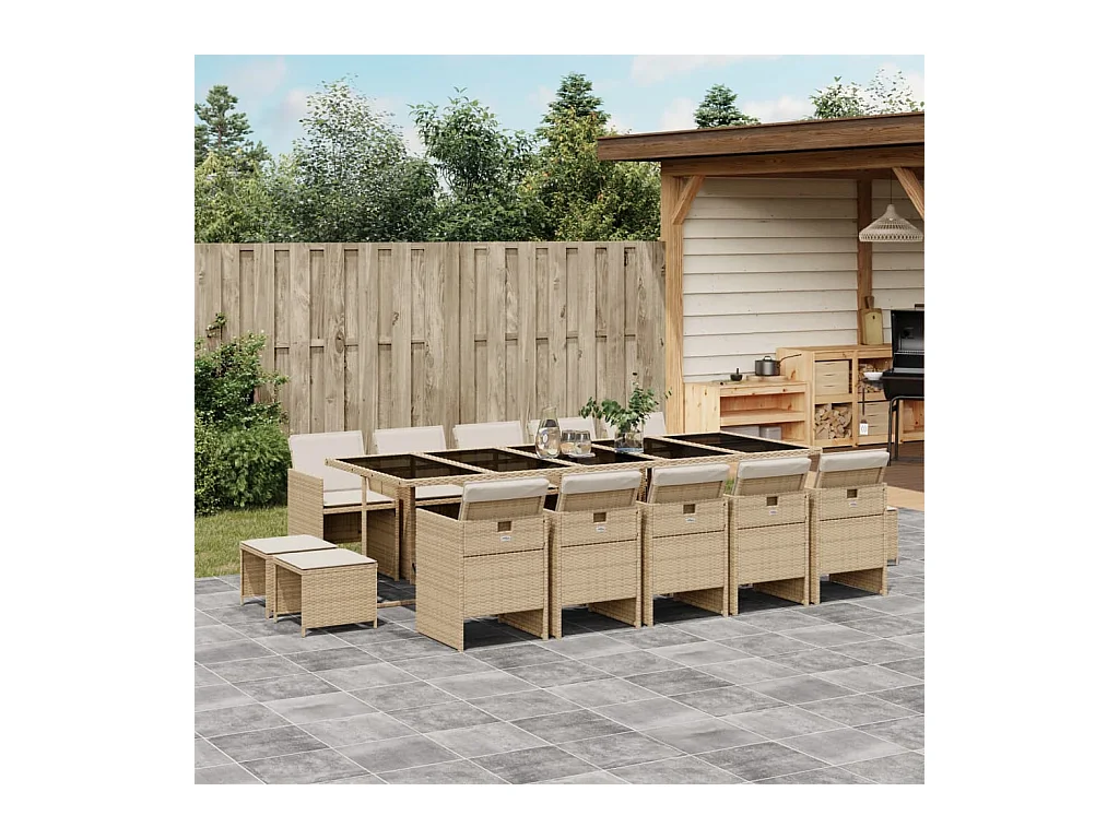 Ensemble à manger de jardin et coussins 15 pièces beige