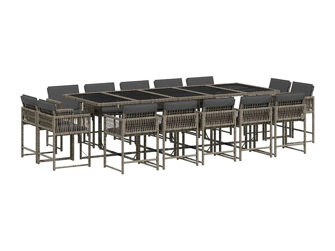 15 peças conjunto jantar para jardim com almofadões vime PE cinzento