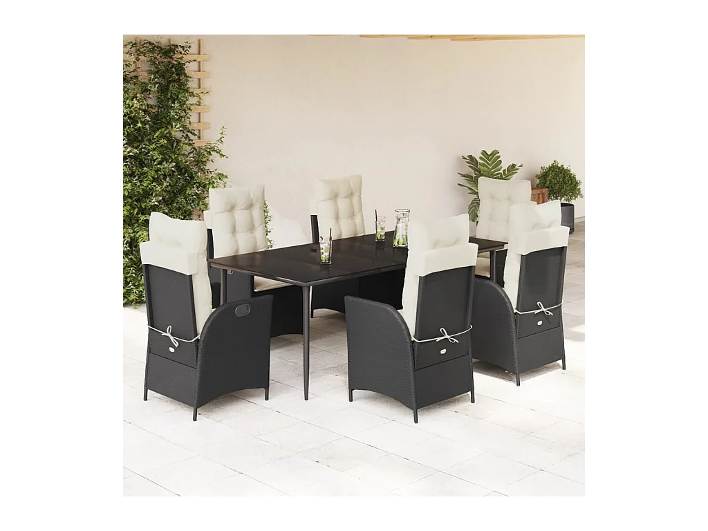 Set de comedor de jardín 7 piezas y cojines ratán sintético negro