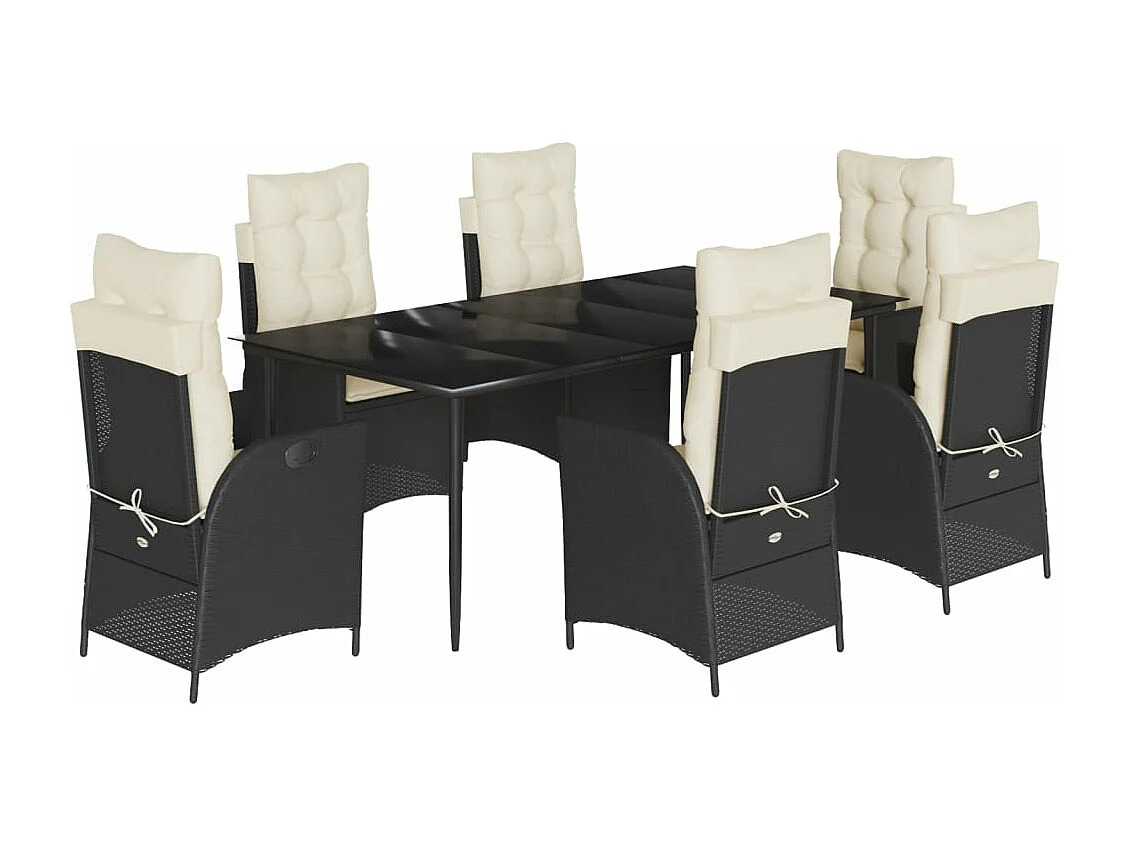 Set de comedor de jardín 7 piezas y cojines ratán sintético negro