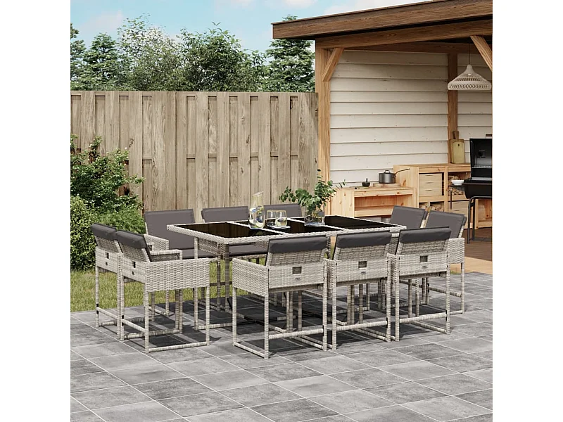 Ensemble à manger de jardin 11 pièces avec coussins gris poly rotin