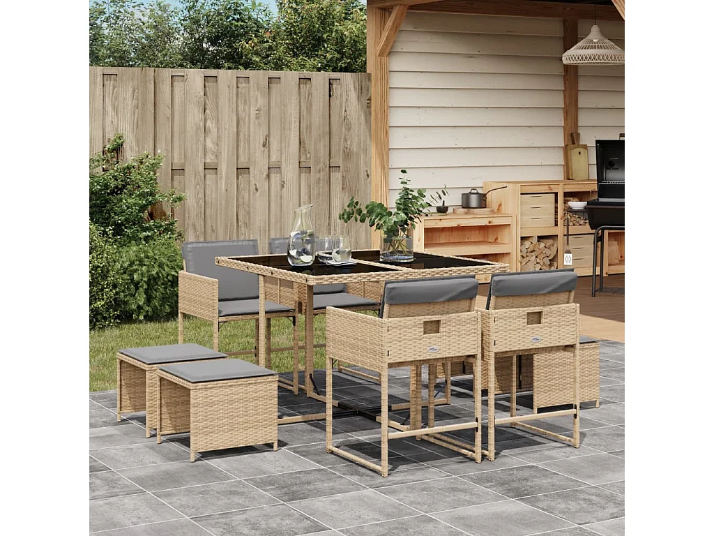 Ensemble à manger de jardin et coussins 9 pièces mélange beige