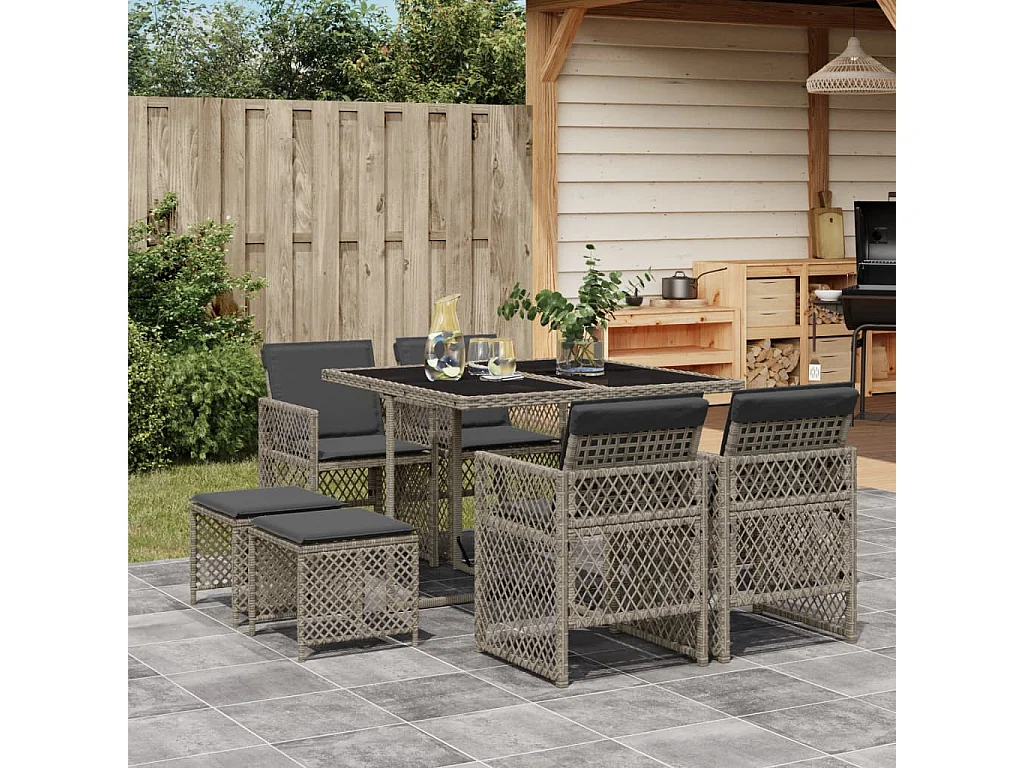 9-delige Tuinset met kussens poly rattan grijs