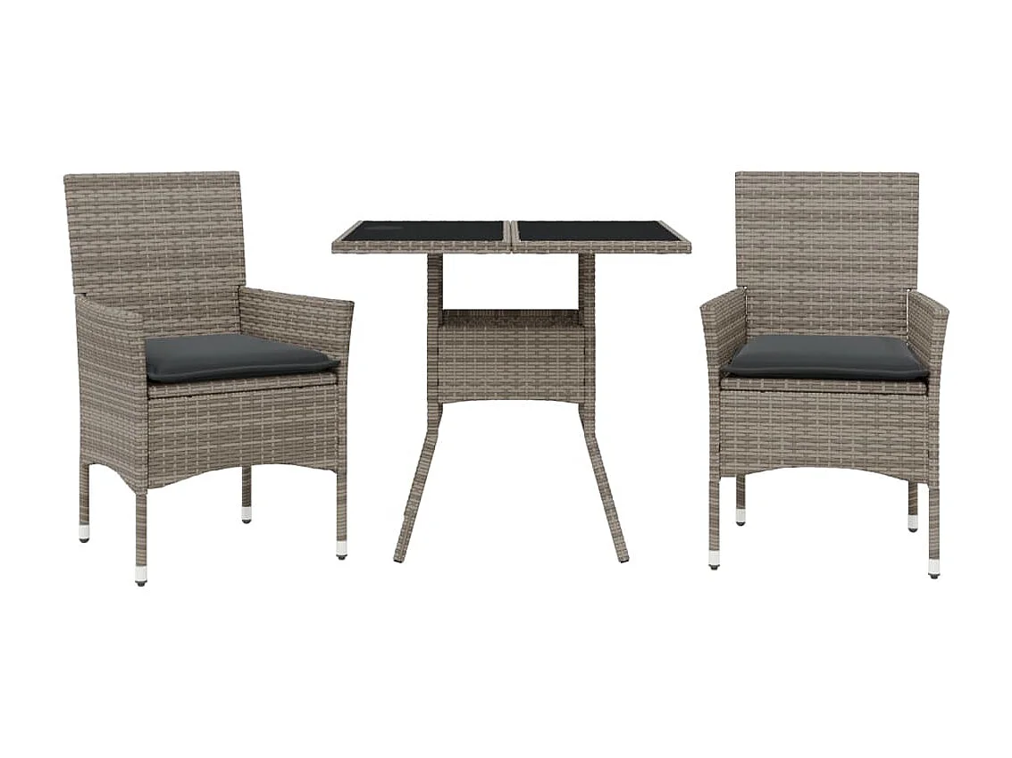 3 peças conjunto jantar jardim com almofadões vime PE/vidro cinza