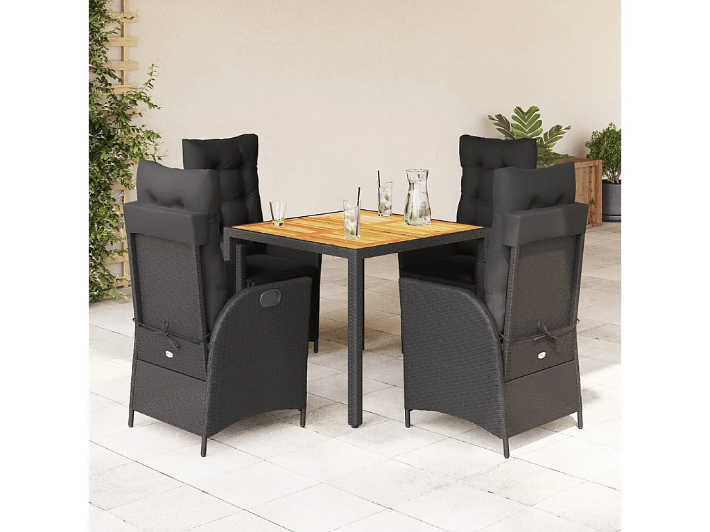 5 peças conjunto de jantar para jardim com almofadões vime PE preto