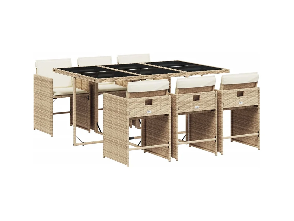 Ensemble à manger de jardin et coussins 7 pièces beige poly rotin