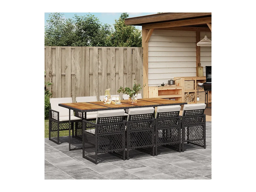 9 peças conjunto de jantar para jardim com almofadões vime PE preto