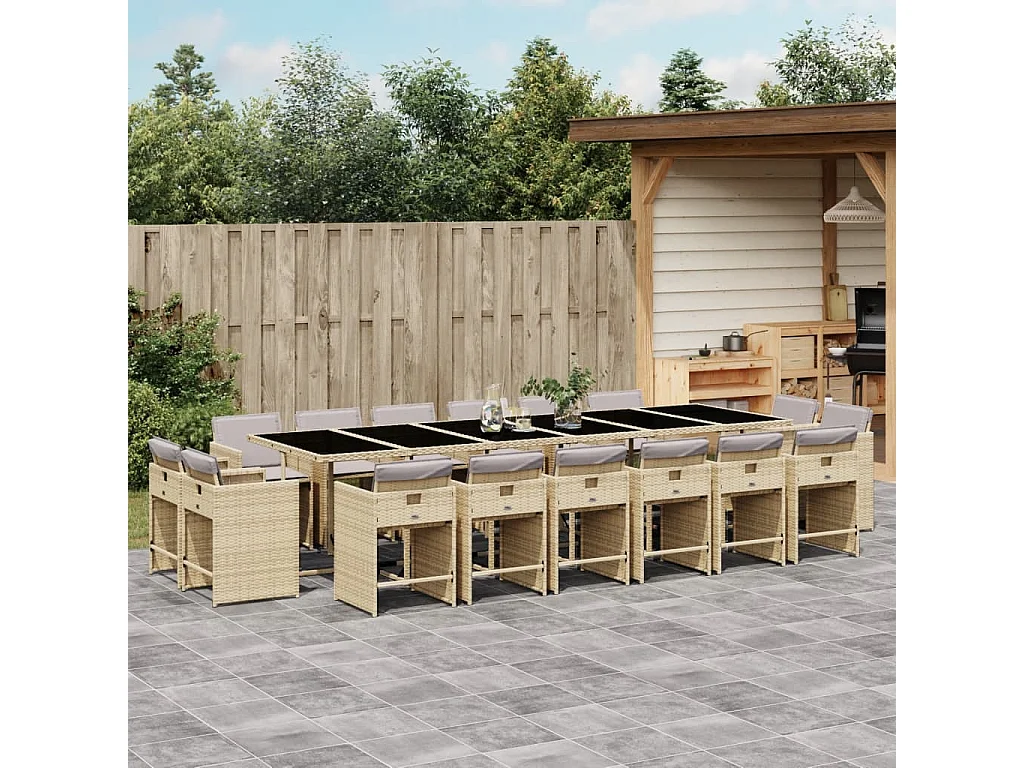 Ensemble à manger de jardin et coussins 17 pièces mélange beige