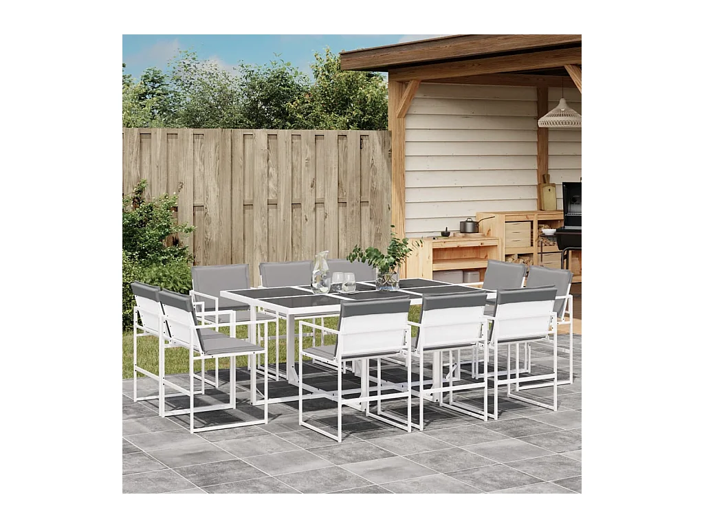 Ensemble à manger de jardin avec coussins 11 pièces blanc textilène
