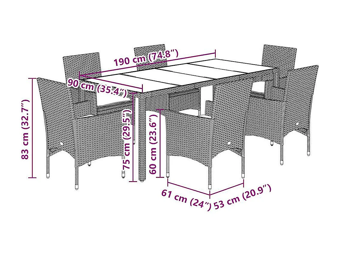 Ensemble à manger de jardin avec coussins 7 pièces rotin et verre