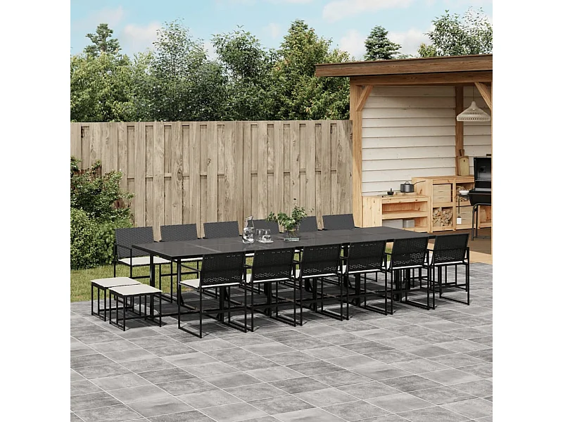 17 peças conjunto de jantar para jardim com almofadões vime PE preto