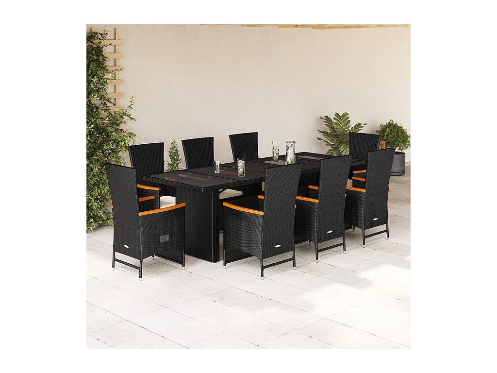 9 peças conjunto de jantar para jardim com almofadões vime PE preto