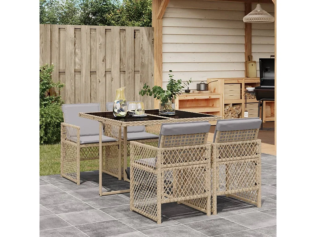 Ensemble à manger de jardin avec coussins 5 pièces Beige poly rotin