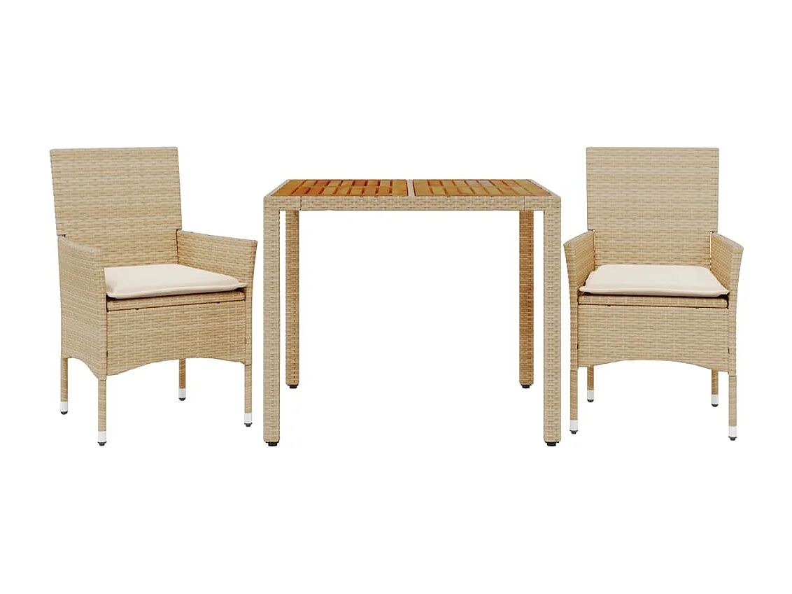 Ensemble à manger de jardin et coussins 3 pièces beige rotin acacia