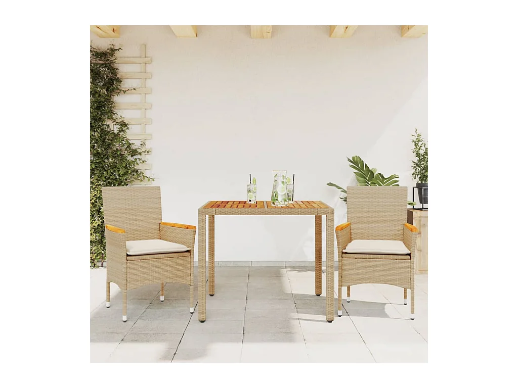 3-delige Tuinset met kussens poly rattan en acaciahout beige