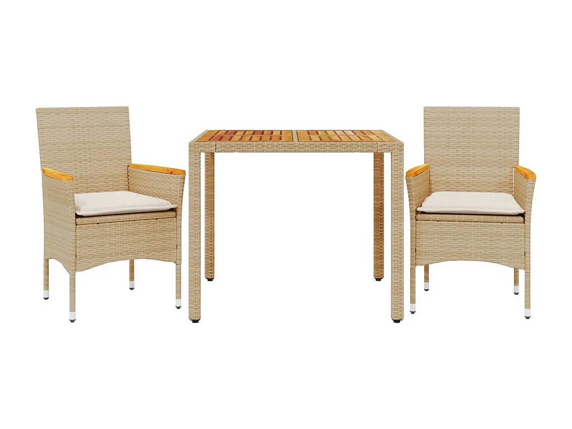Ensemble à manger de jardin et coussins 3 pièces beige rotin acacia