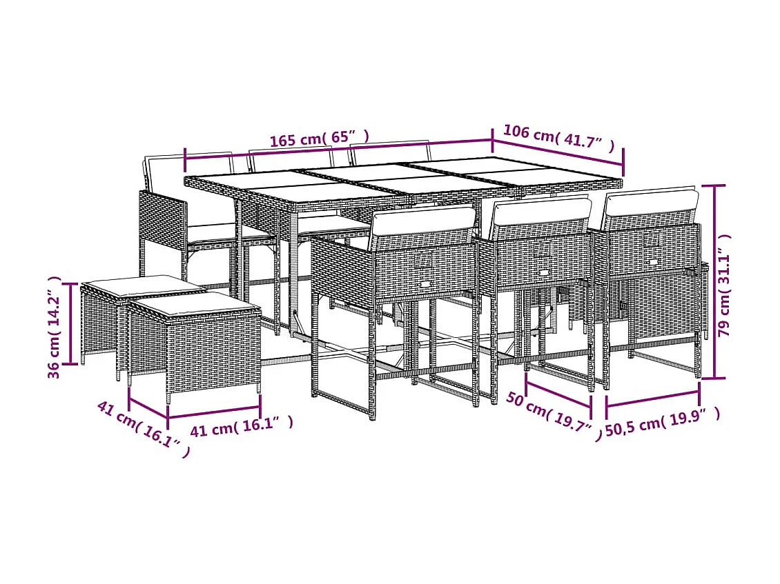 Set de comedor jardín 11 piezas con cojines ratán sintético negro