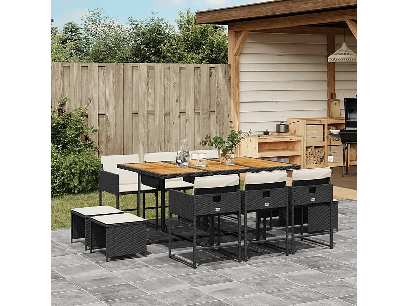 11 peças conjunto de jantar para jardim com almofadões vime PE preto