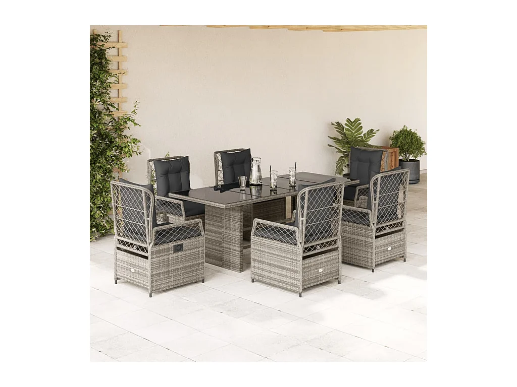 Set comedor jardín 7 piezas y cojines ratán sintético gris