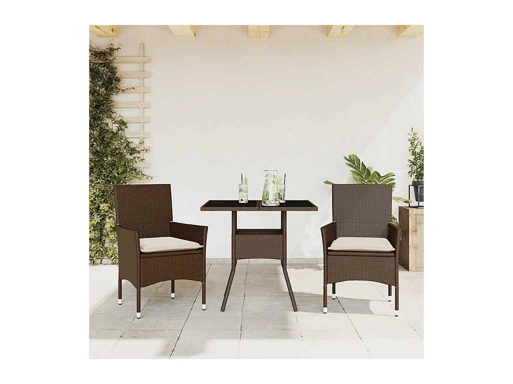 Ensemble à manger de jardin et coussins 3 pièces marron rotin verre