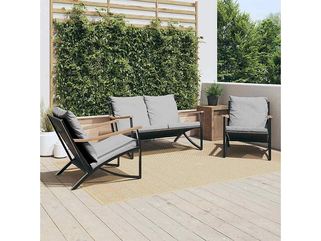 Juego de muebles de jardín con cojines 3 piezas acero negro