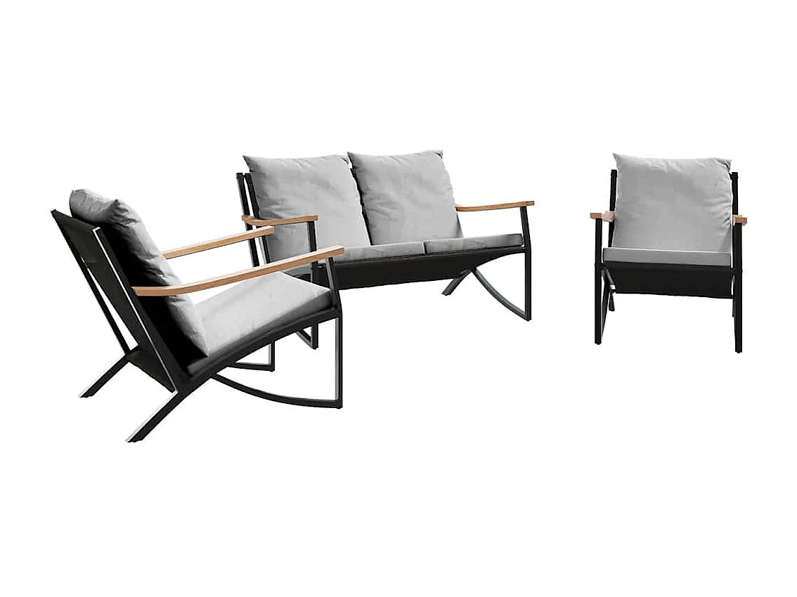 Ensemble de meubles de balcon avec coussins 3 pièces noir acier