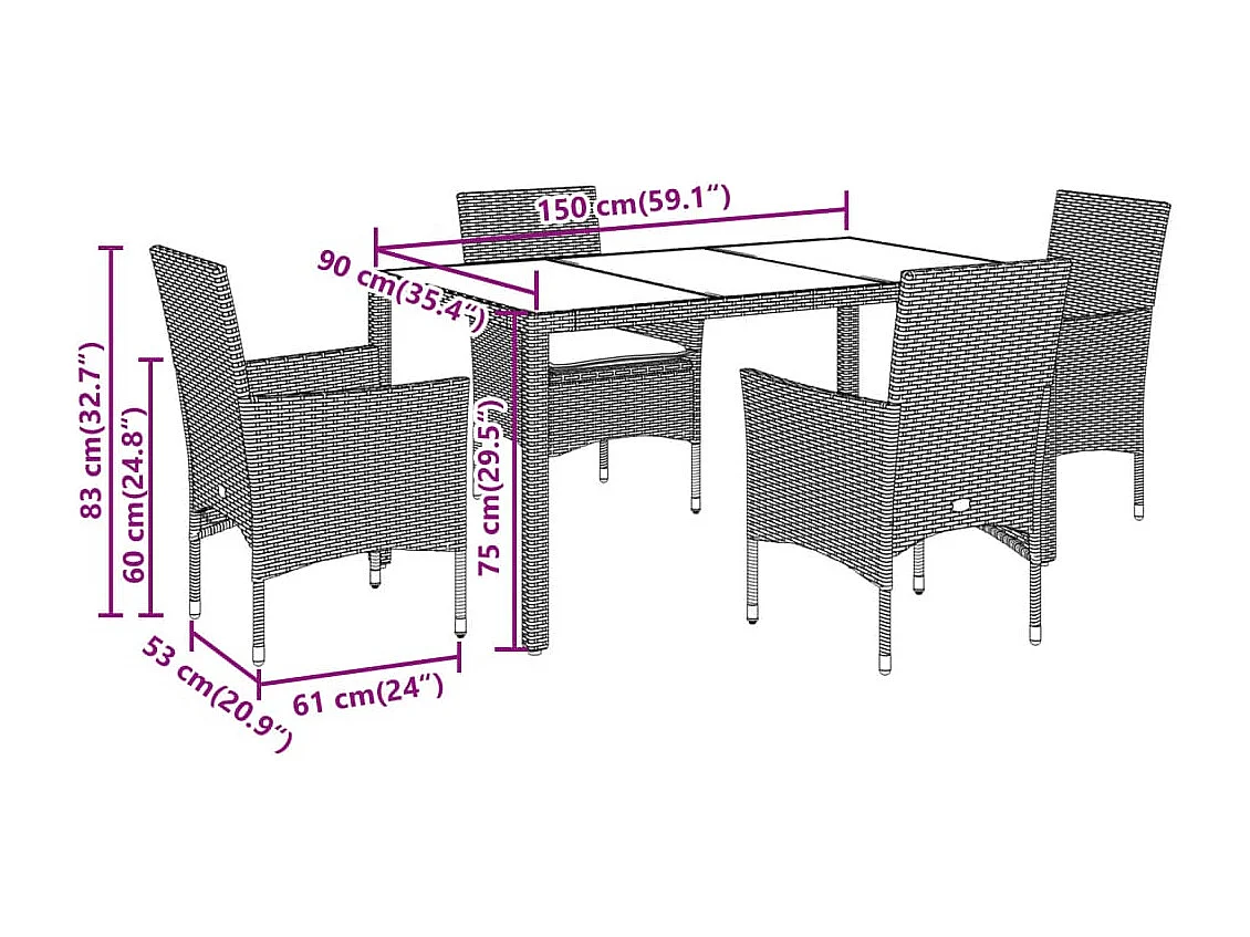 Set de comedor jardín 5 piezas con cojines ratán PE acacia negro