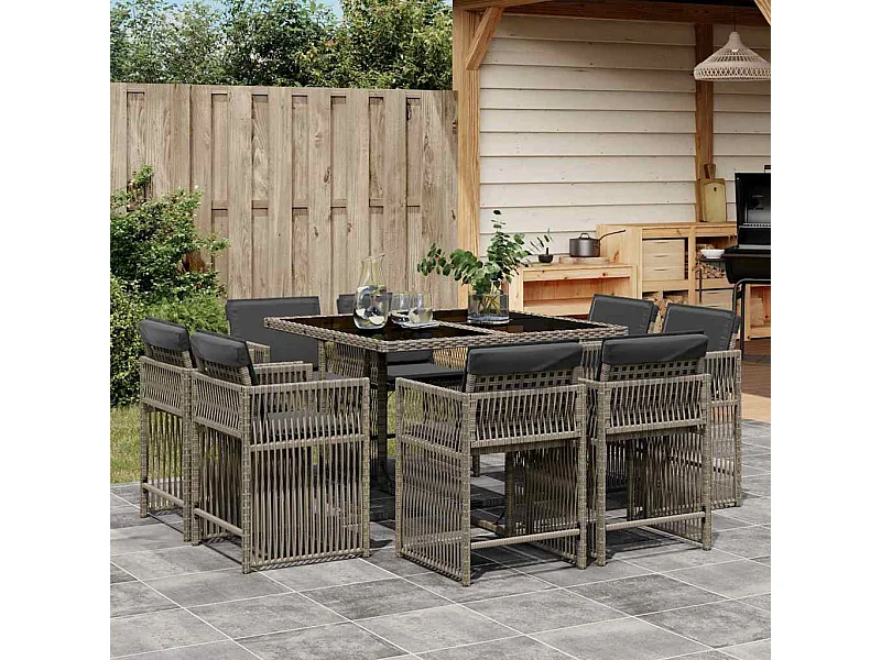Ensemble à manger de jardin 9 pièces coussins gris résine tressée