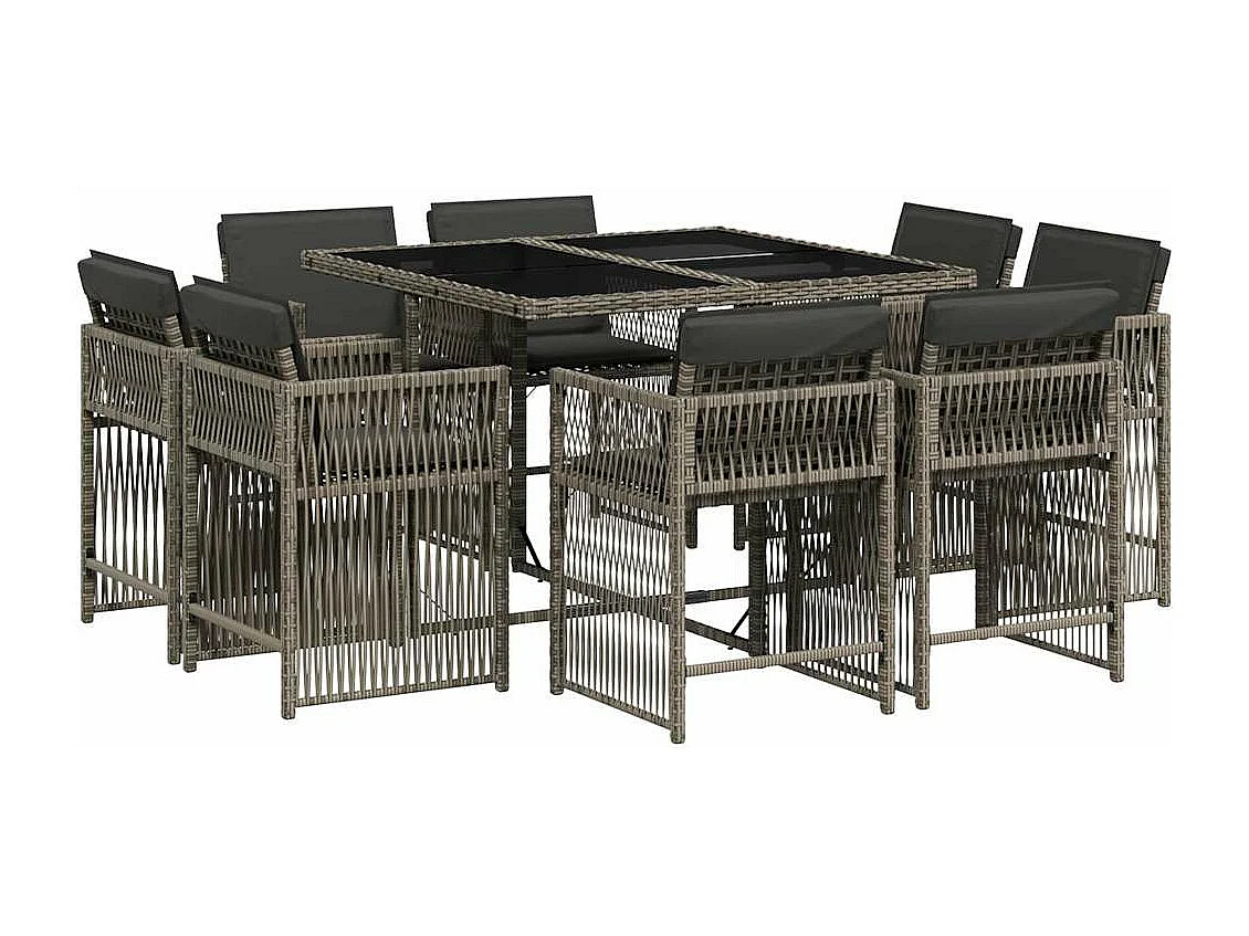 Ensemble à manger de jardin 9 pièces coussins gris résine tressée