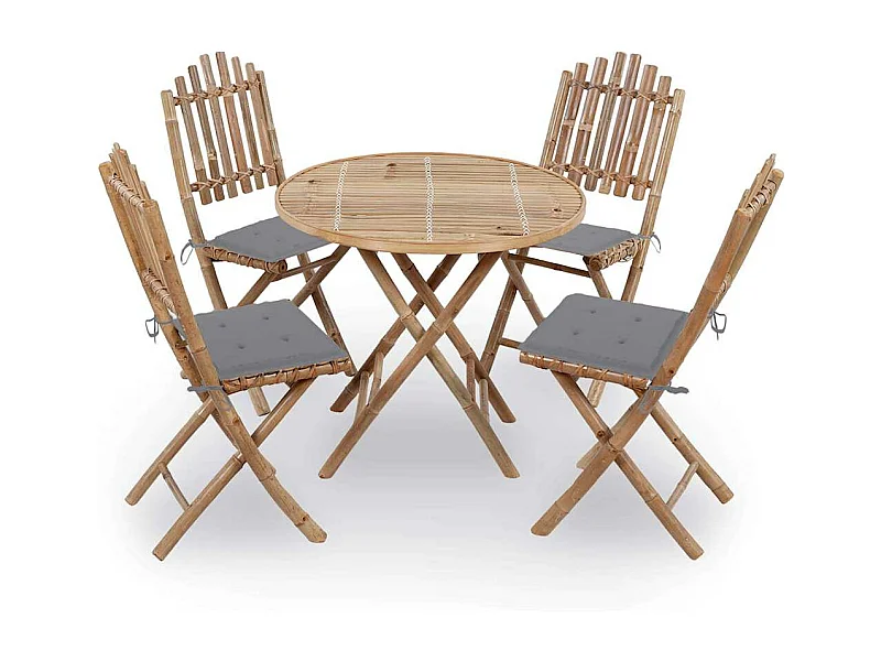 Mobilier à dîner d'extérieur pliable 5 pièces avec coussins Bambou